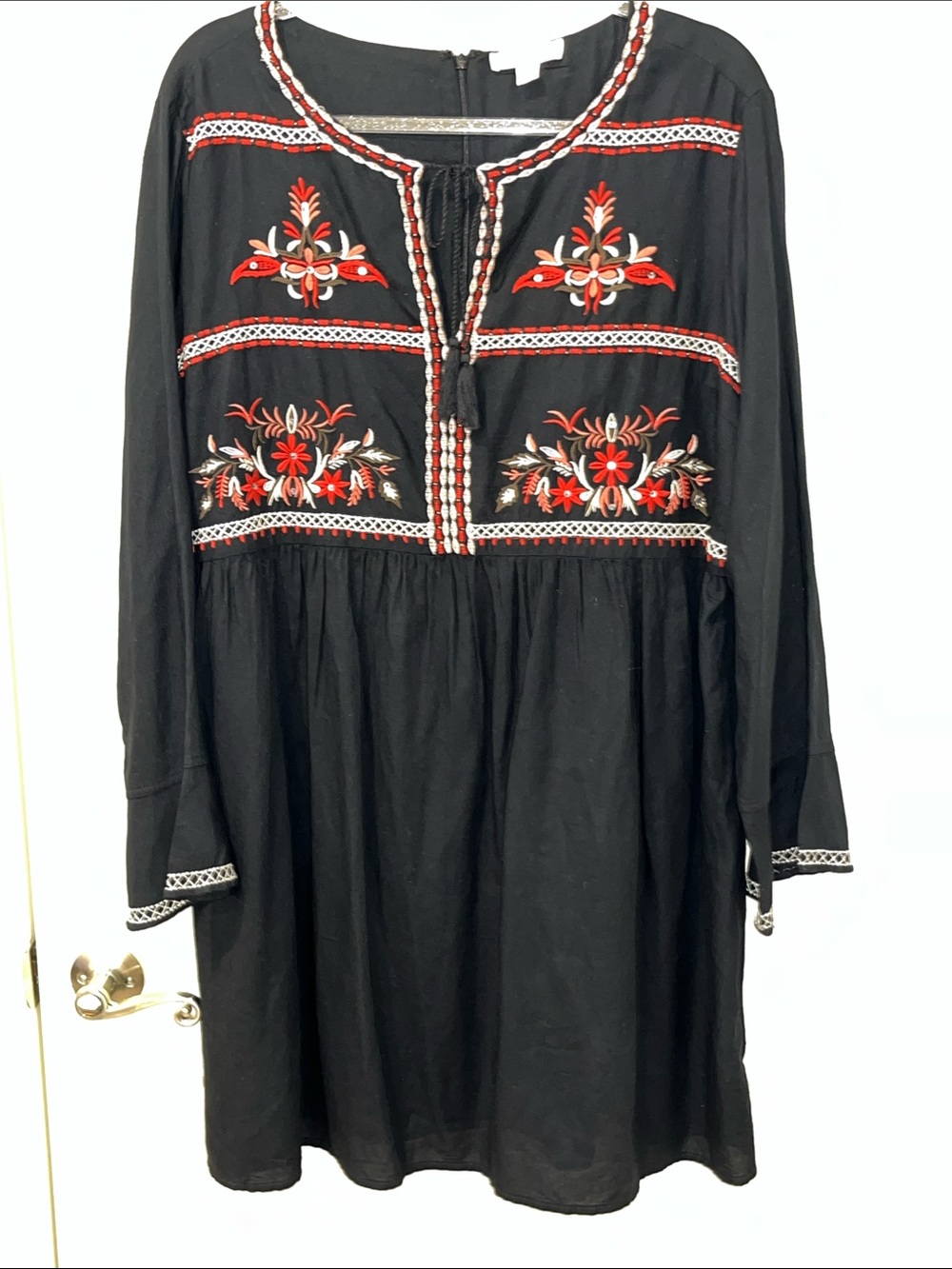 Black Long-Sleeve Embroidered Boho Dress with Red Accents